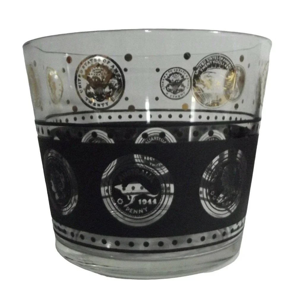 Ice Bucket Hazel Atlas MCM Vintage Black Gold World Coin Collins Glass